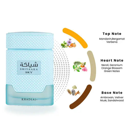 Light blue textured glass perfume bottle with matching cap labeled shiyaaka sky by khadlaj edp 100ml special edition