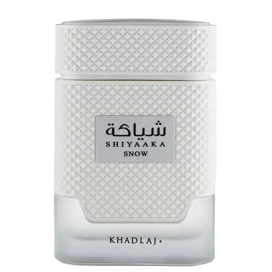 White textured glass perfume bottle with diamond pattern and silver shiyaaka snow khadlaj label edp 100ml special edition