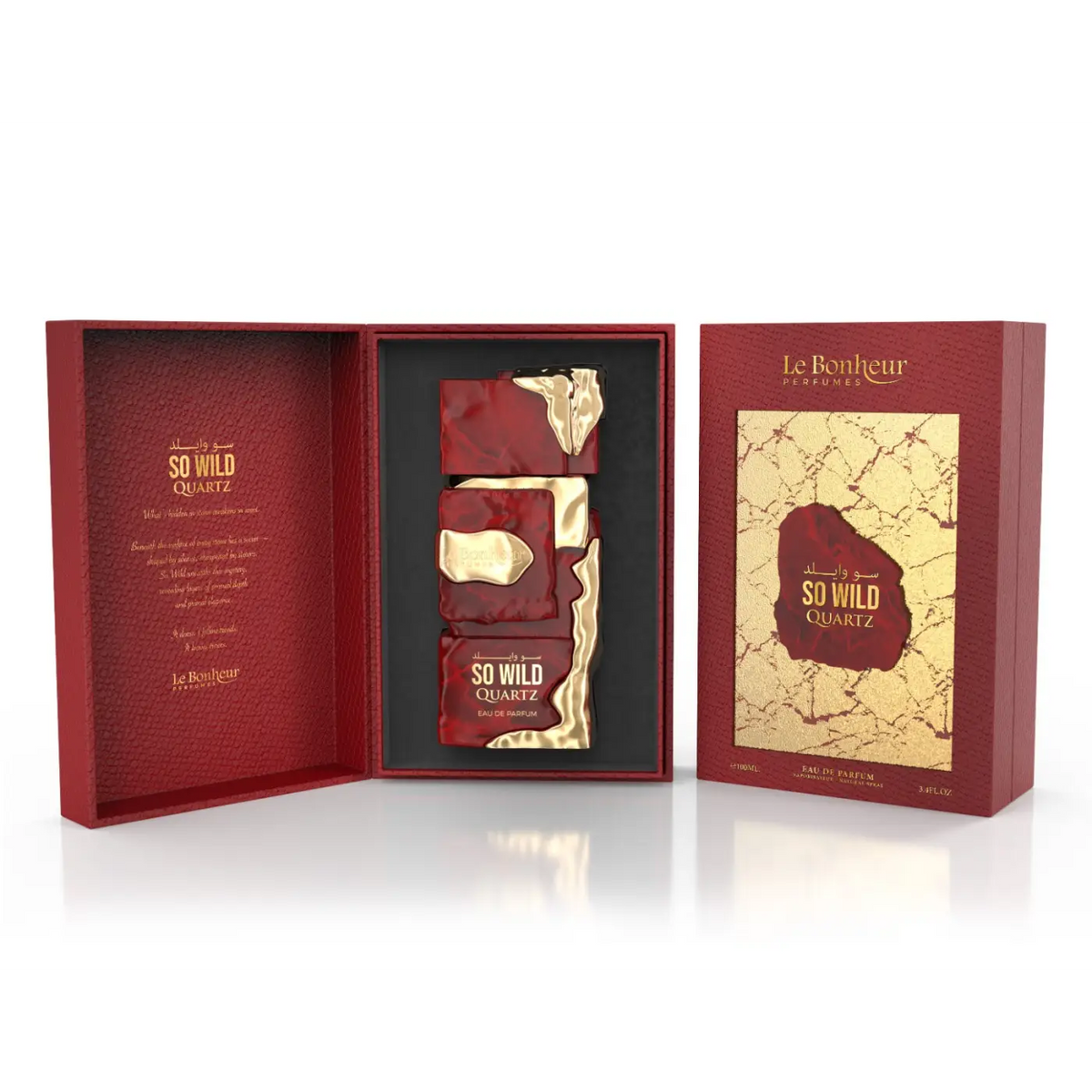 Red and gold so wild quartz perfume bottle displayed in a luxurious le bonheur box for elegant gifting