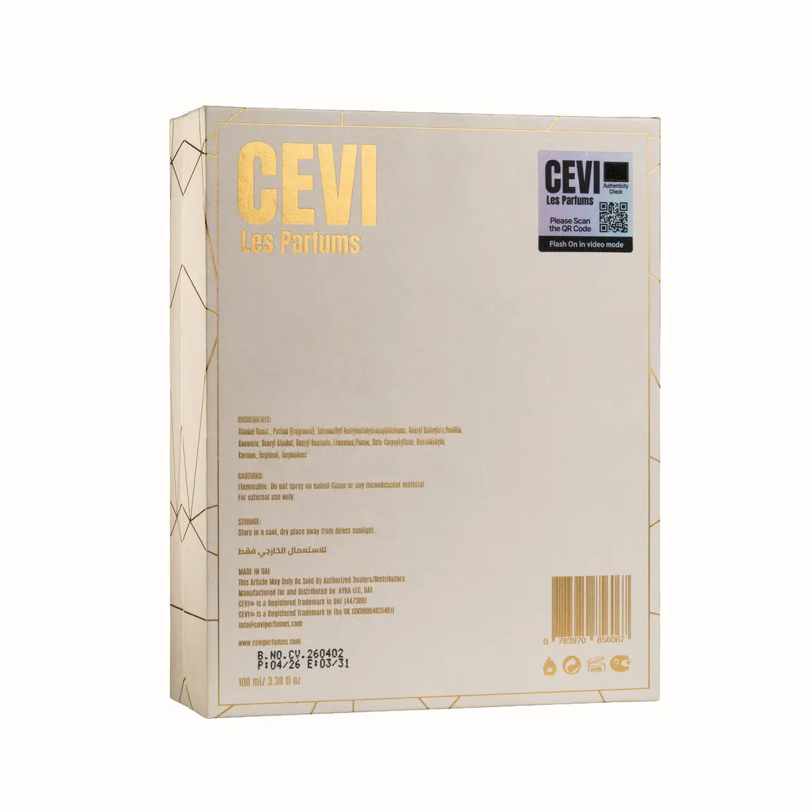 Cream-colored rectangular vanilla affair cevi edp 100ml box with gold foil lettering and geometric patterns back view
