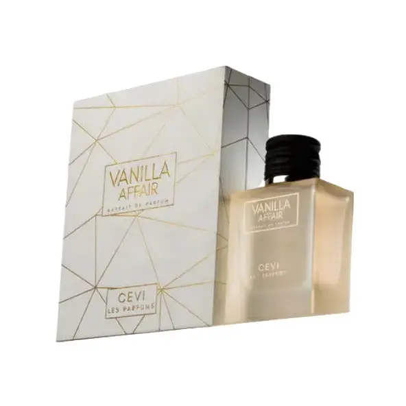 A sleek transparent glass bottle of vanilla affair cevi edp 100ml perfume with black cap and gold embossed label
